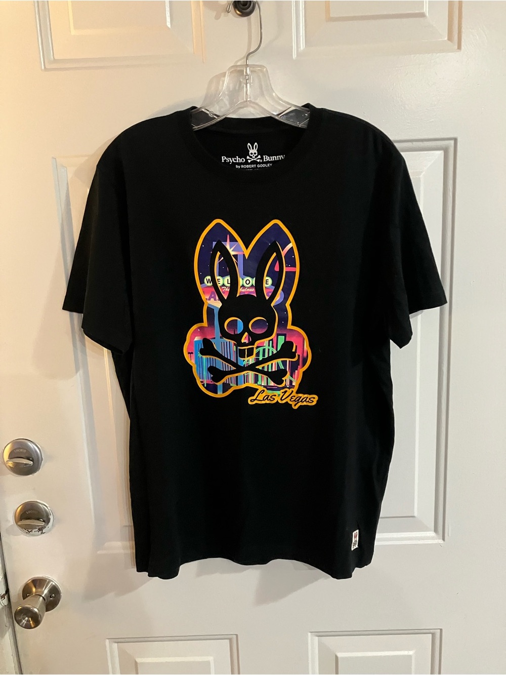 Psycho Bunny Black Tee with Neon Las Vegas Skull Bunny Graphic